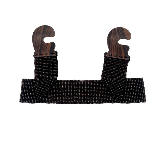 Boho Belt Wide Woven Bead Elastic Will Stretch w/ Interlocking Wooden Buckle 33” - Picture 5 of 6